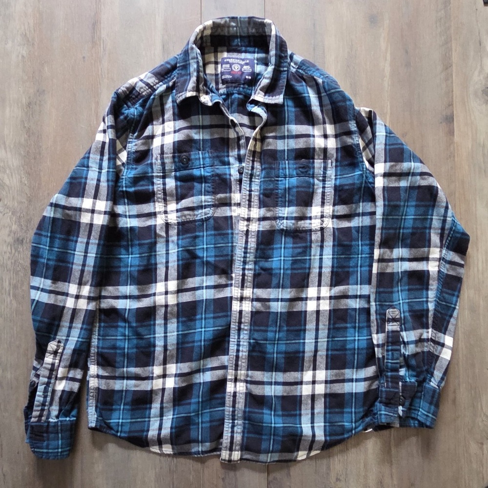 American Eagle Plaid Flannel Button Up Shirt Mens Medium Blue/Black Prep Fit